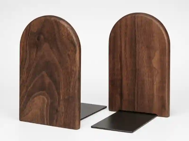Walnut wood and metal L-shaped bookends