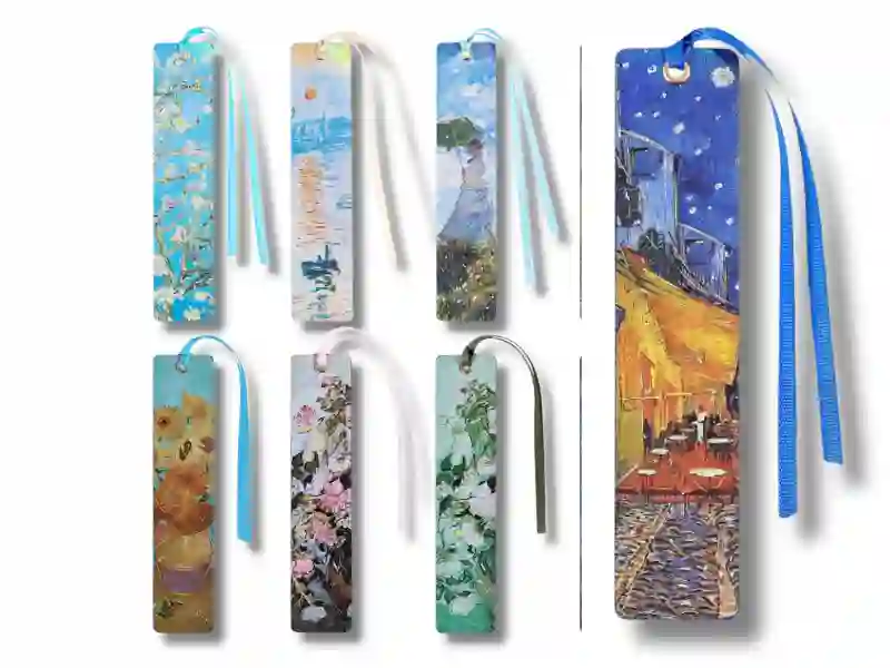 Set of eight oil-painting bookmarks with tassels