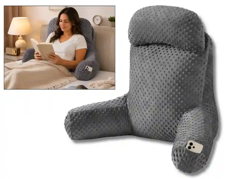 Back-rest reading pillow with arms and storage pockets for sitting up in bed
