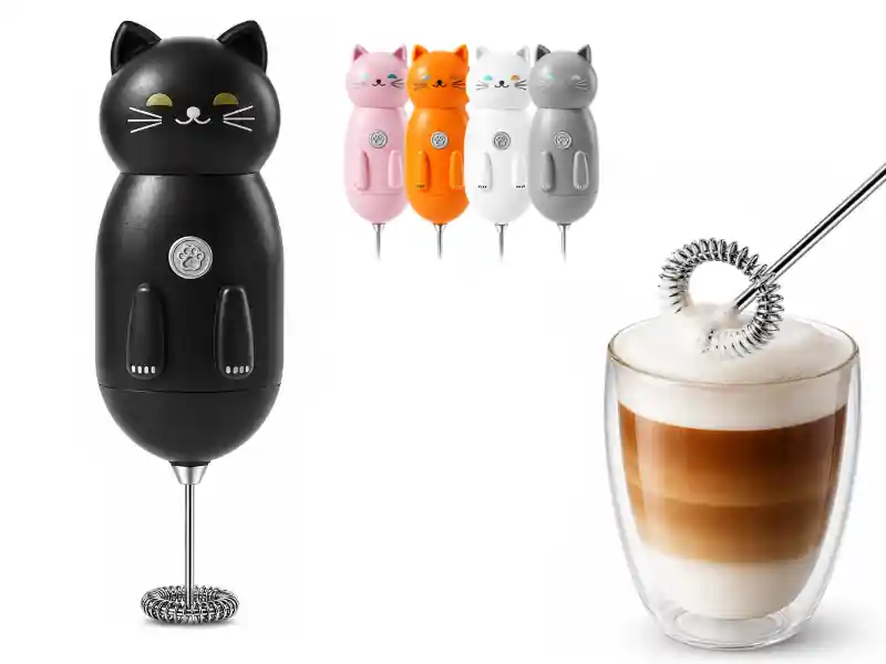 Cat-shaped handheld milk frother with adoption papers