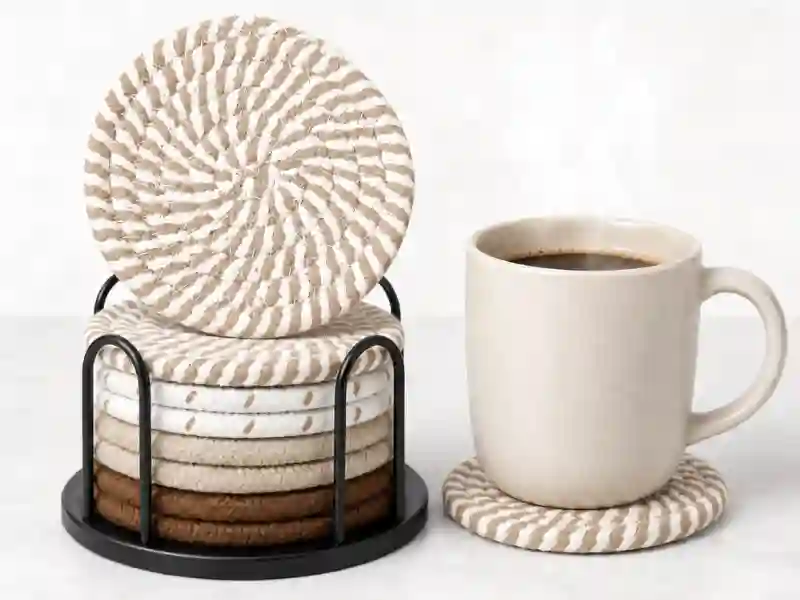 Set of 8 absorbent cotton and linen drink coasters in four colors