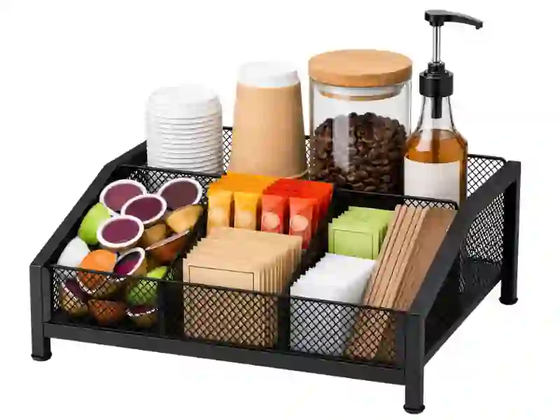 Wood and metal coffee bar organizer for pods, tea and sugar