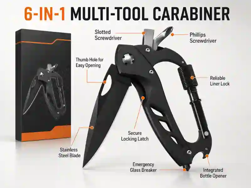 6-in-1 carabiner multitool with folding knife and bottle opener