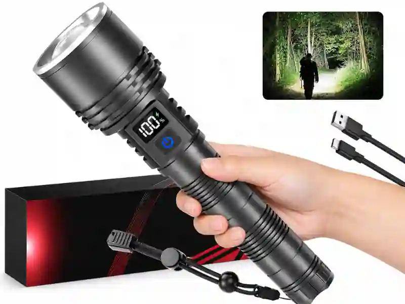 Rechargeable high-lumen tactical flashlight with battery display